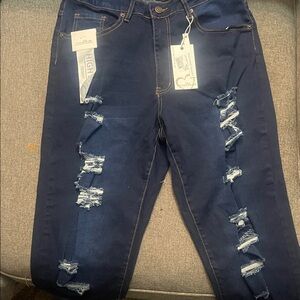 Cello High Rise Dark Blue Distressed Jeans